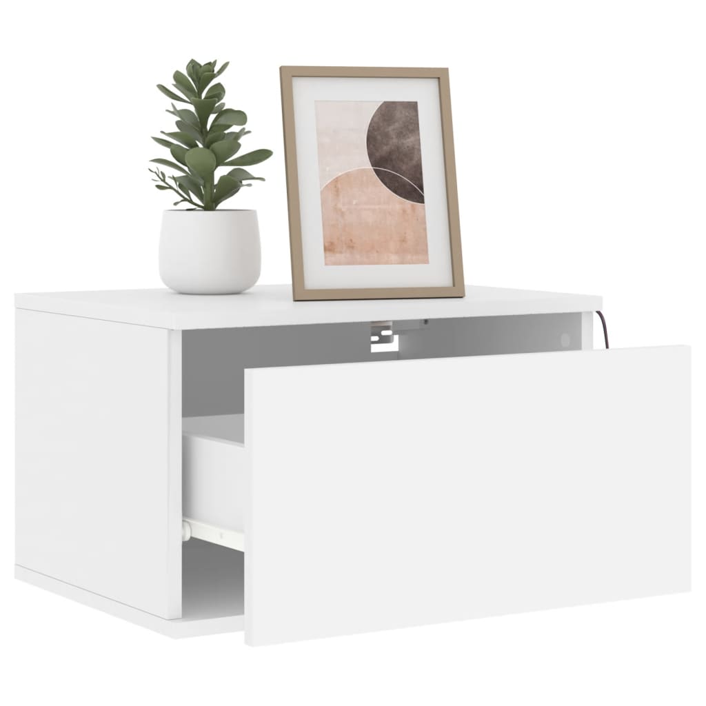 Sleek White Wall-Mounted Bedside Cabinet with LED Lights