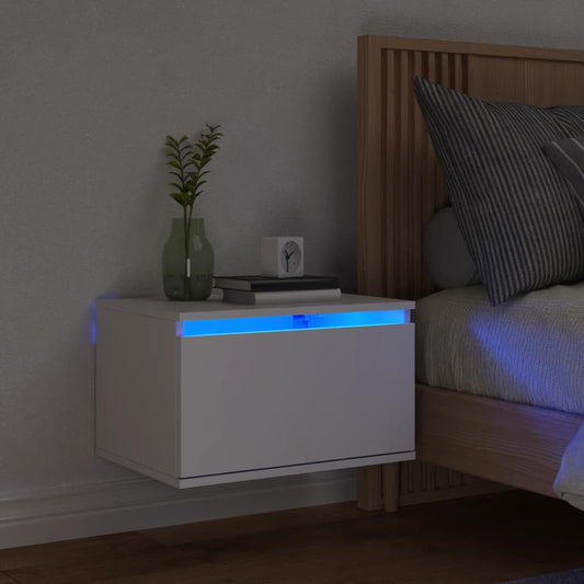 Sleek White Wall-Mounted Bedside Cabinet with LED Lights