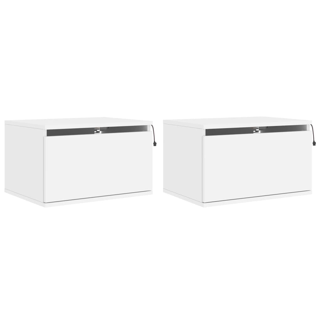 White Wall-Mounted Bedside Cabinets with LED Lights, Set of 2