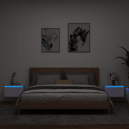 White Wall-Mounted Bedside Cabinets with LED Lights, Set of 2