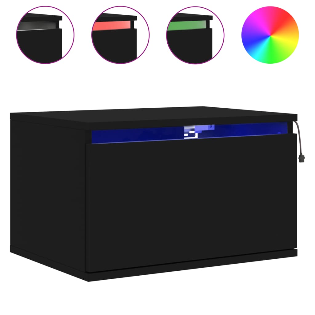 Black Wall-Mounted Bedside Cabinet with LED Lights and Storage