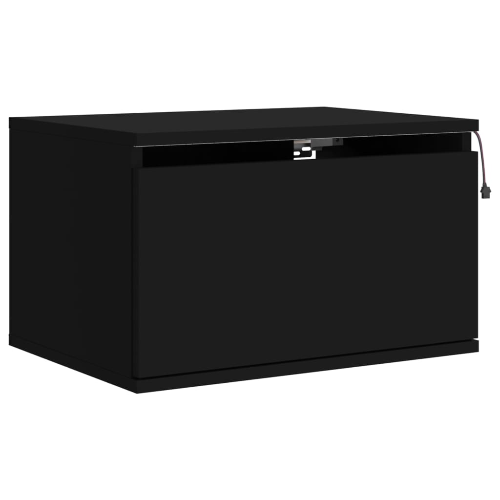Black Wall-Mounted Bedside Cabinet with LED Lights and Storage