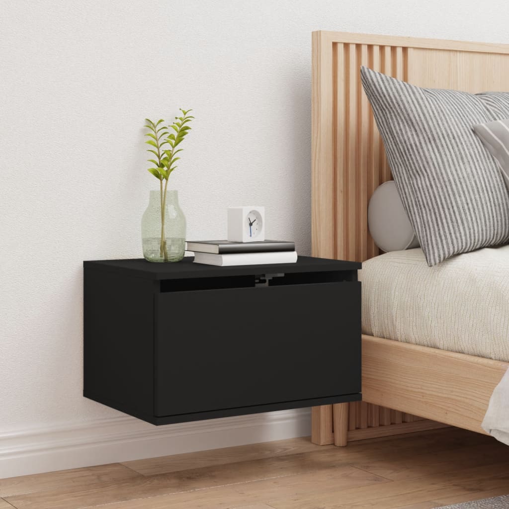 Black Wall-Mounted Bedside Cabinet with LED Lights and Storage