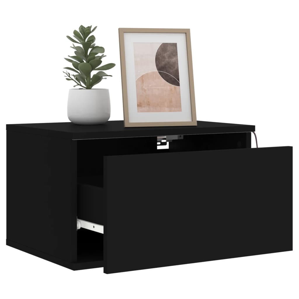 Black Wall-Mounted Bedside Cabinet with LED Lights and Storage