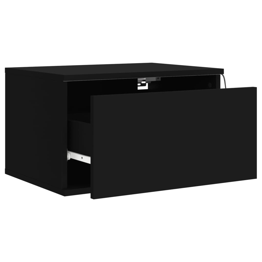 Black Wall-Mounted Bedside Cabinet with LED Lights and Storage