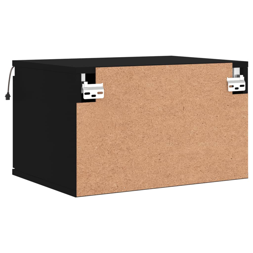 Black Wall-Mounted Bedside Cabinet with LED Lights and Storage