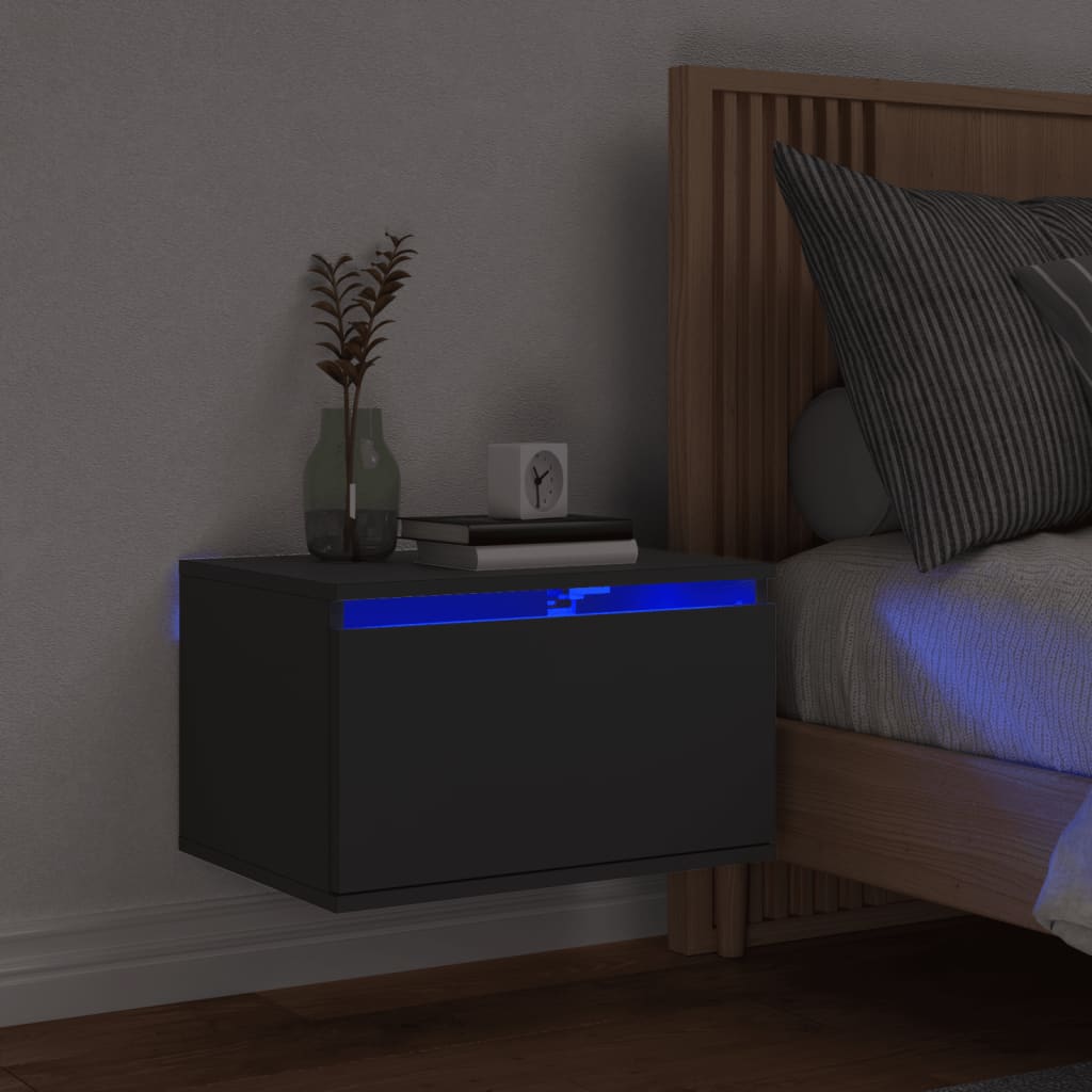 Black Wall-Mounted Bedside Cabinet with LED Lights and Storage