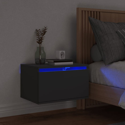 Black Wall-Mounted Bedside Cabinet with LED Lights and Storage