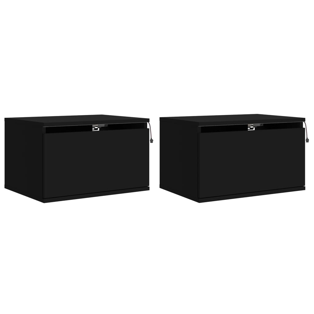 Black Wall-Mounted Bedside Cabinets with LED Lights, Set of 2