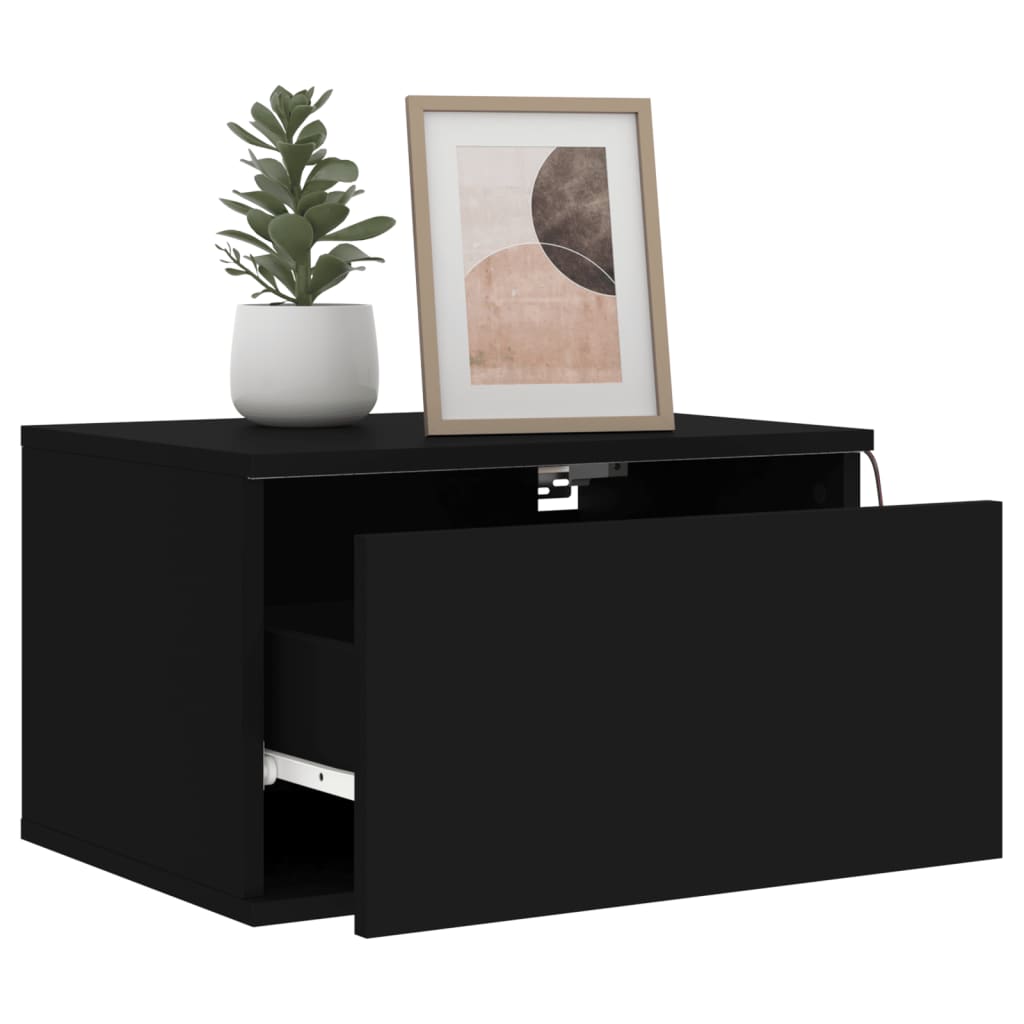 Black Wall-Mounted Bedside Cabinets with LED Lights, Set of 2