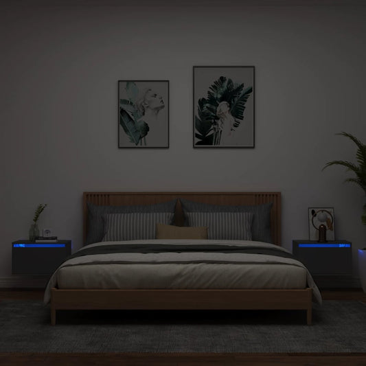 Black Wall-Mounted Bedside Cabinets with LED Lights, Set of 2