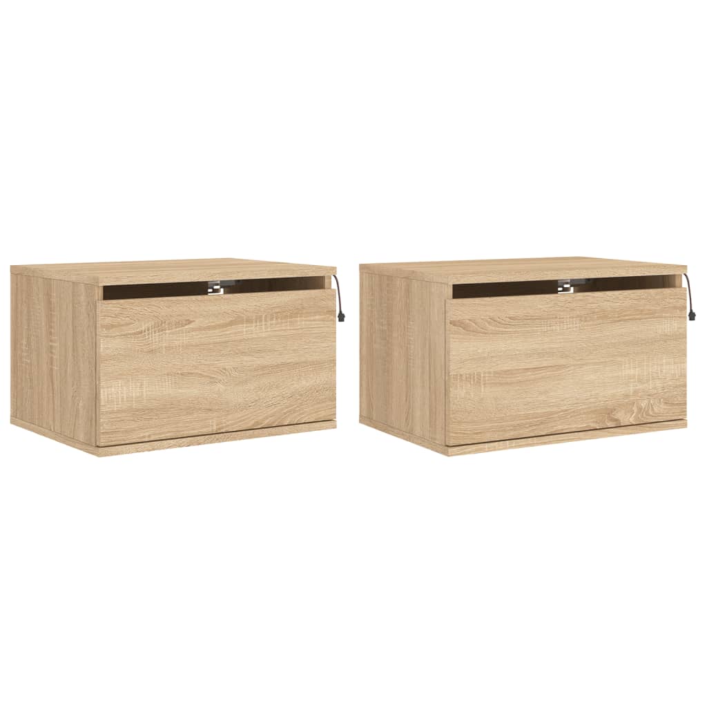 Sonoma Oak Wall-Mounted Bedside Cabinets with LED Lights, 2 Pack