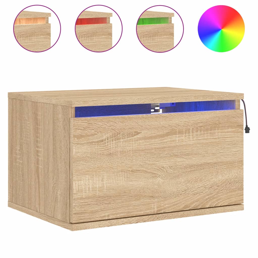 Sonoma Oak Wall-Mounted Bedside Cabinets with LED Lights, 2 Pack