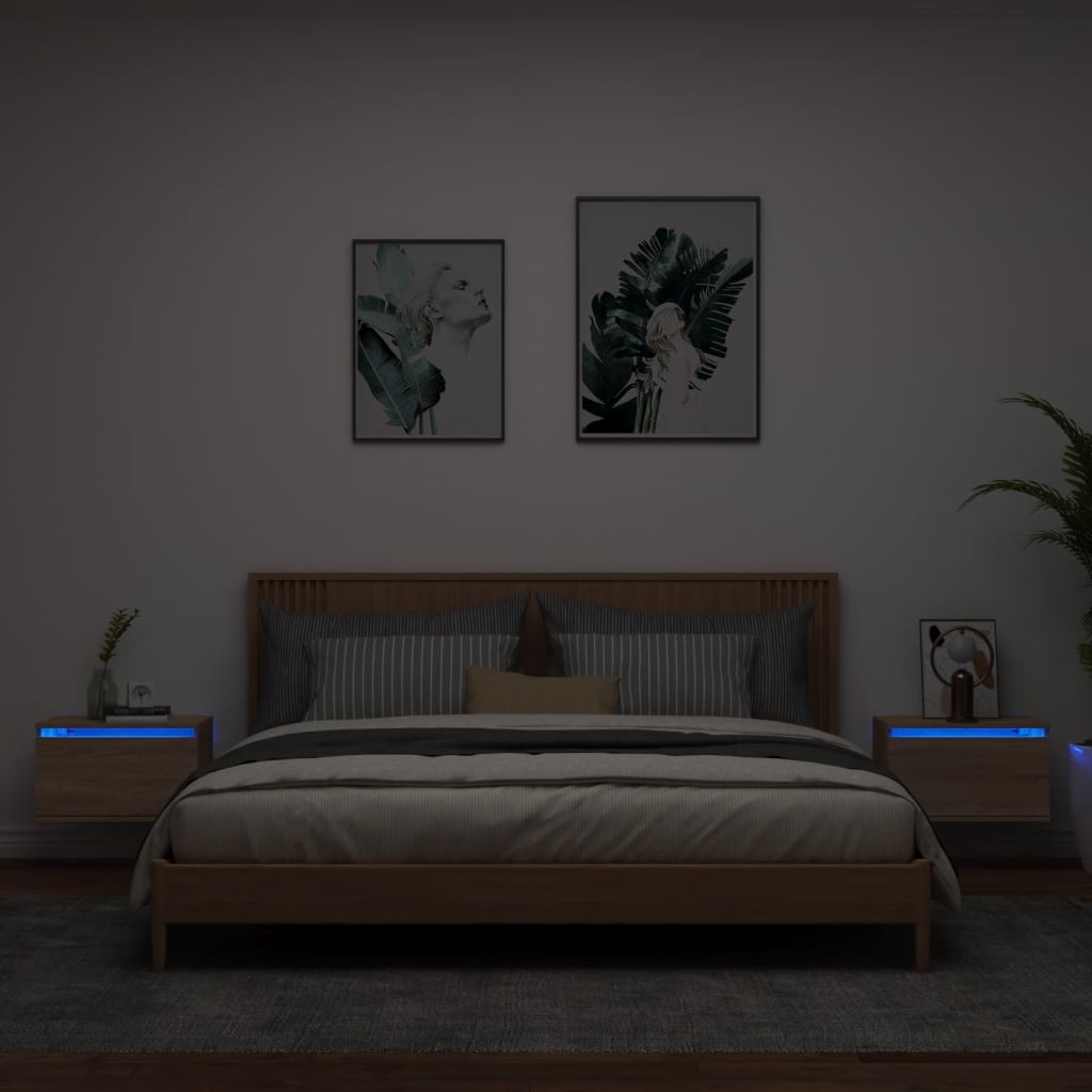 Sonoma Oak Wall-Mounted Bedside Cabinets with LED Lights, 2 Pack