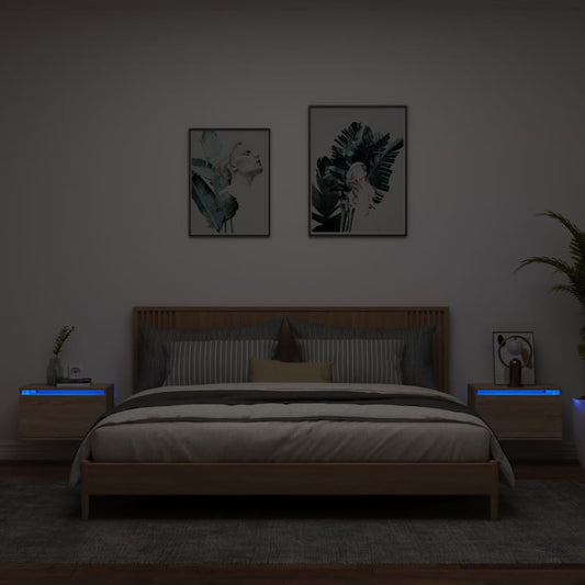 Sonoma Oak Wall-Mounted Bedside Cabinets with LED Lights, 2 Pack