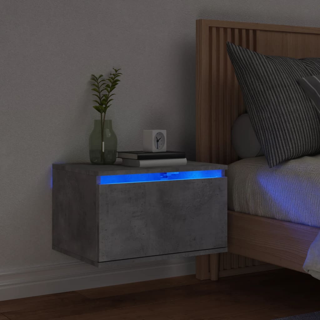 Concrete Grey Wall-Mounted Bedside Cabinet with LED Lights