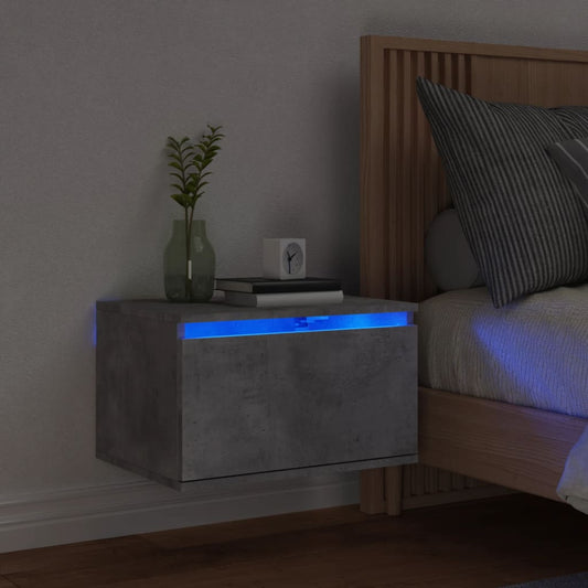 Concrete Grey Wall-Mounted Bedside Cabinet with LED Lights