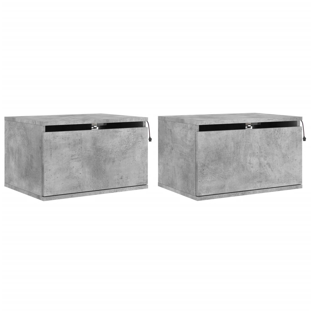 Concrete Grey Wall-Mounted Bedside Cabinets with LED Lights, 2 Pcs