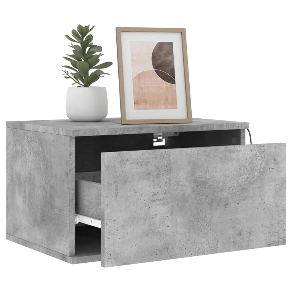 Concrete Grey Wall-Mounted Bedside Cabinets with LED Lights, 2 Pcs