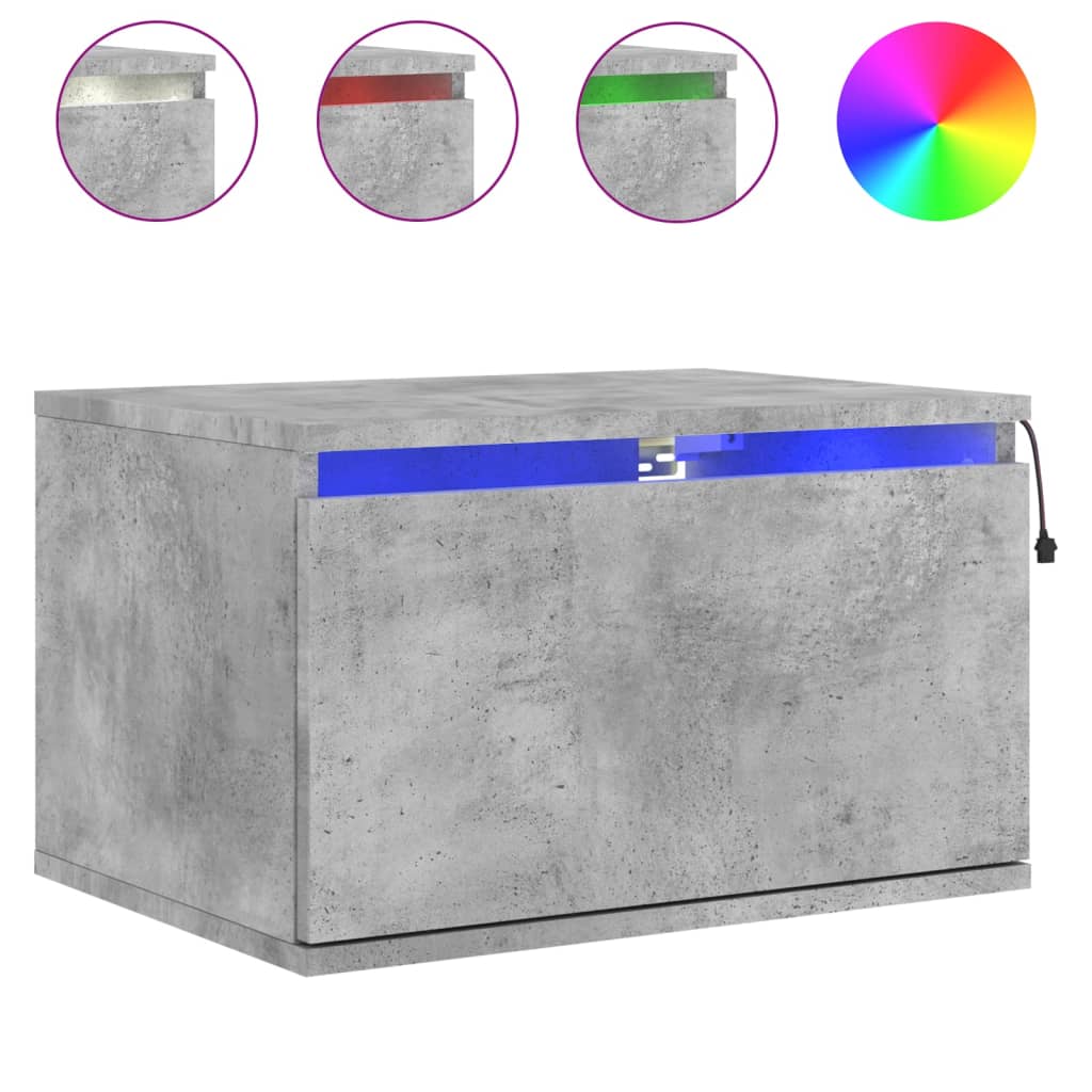 Concrete Grey Wall-Mounted Bedside Cabinets with LED Lights, 2 Pcs