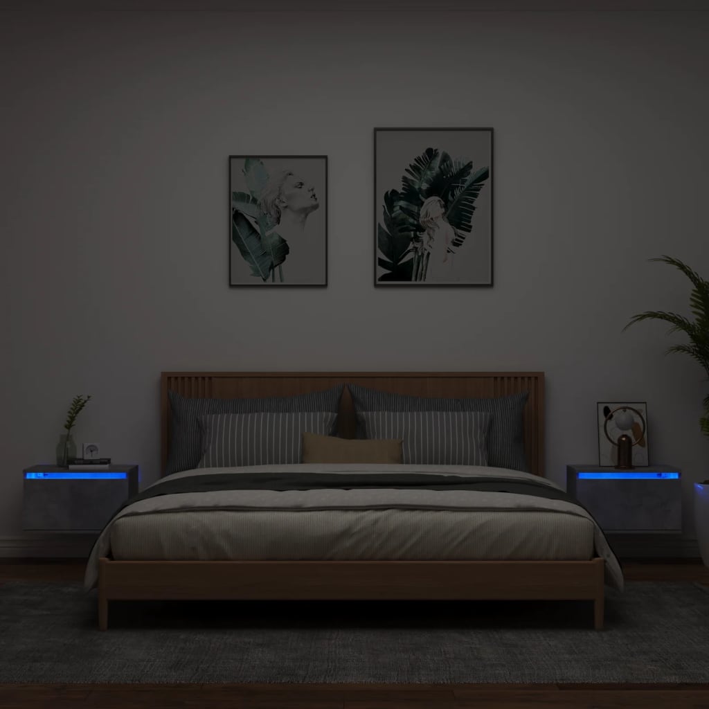 Concrete Grey Wall-Mounted Bedside Cabinets with LED Lights, 2 Pcs