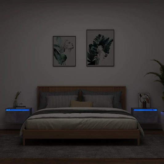 Concrete Grey Wall-Mounted Bedside Cabinets with LED Lights, 2 Pcs
