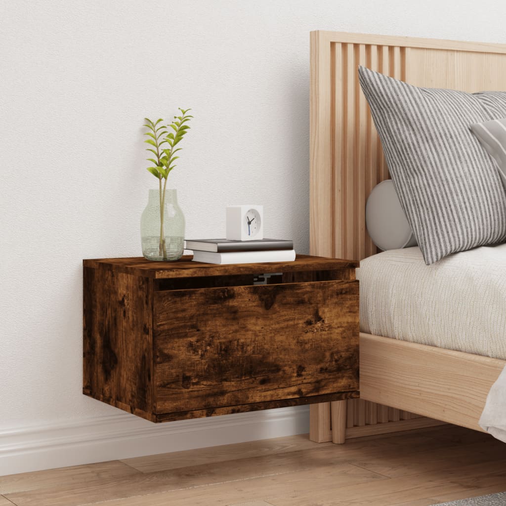 Smoked Oak Wall-mounted Bedside Cabinet with LED Lights