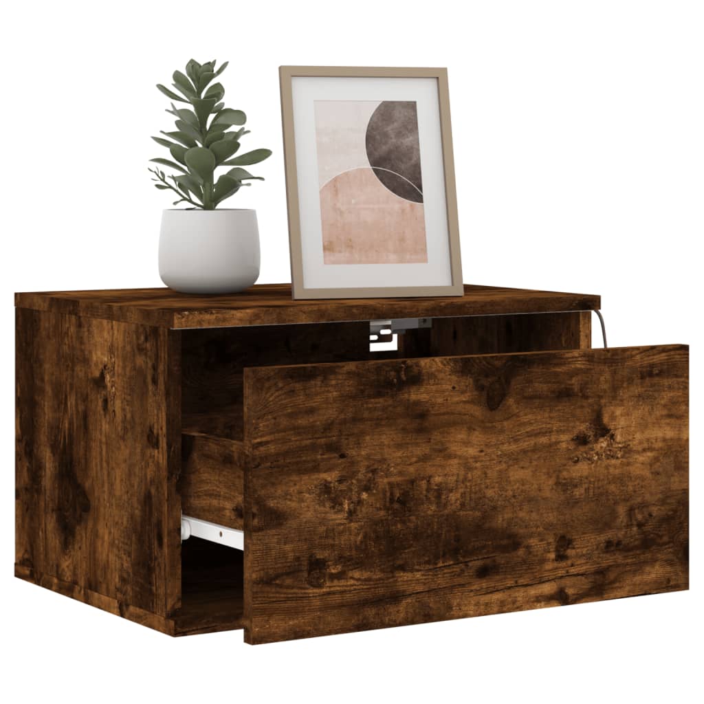 Smoked Oak Wall-mounted Bedside Cabinet with LED Lights