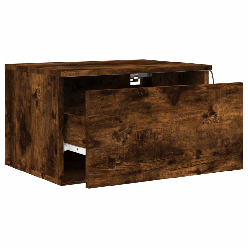 Smoked Oak Wall-mounted Bedside Cabinet with LED Lights