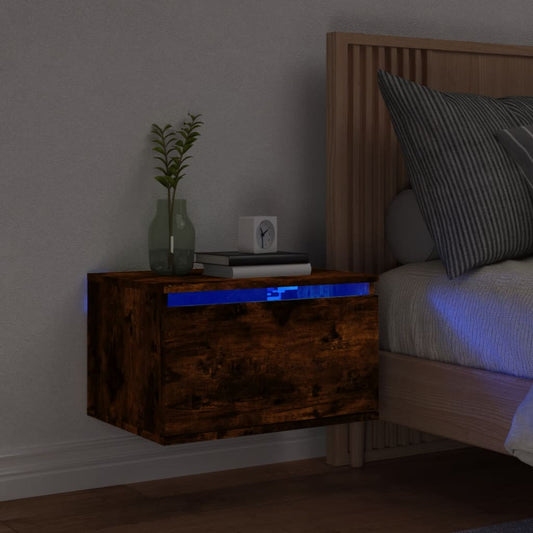 Smoked Oak Wall-mounted Bedside Cabinet with LED Lights