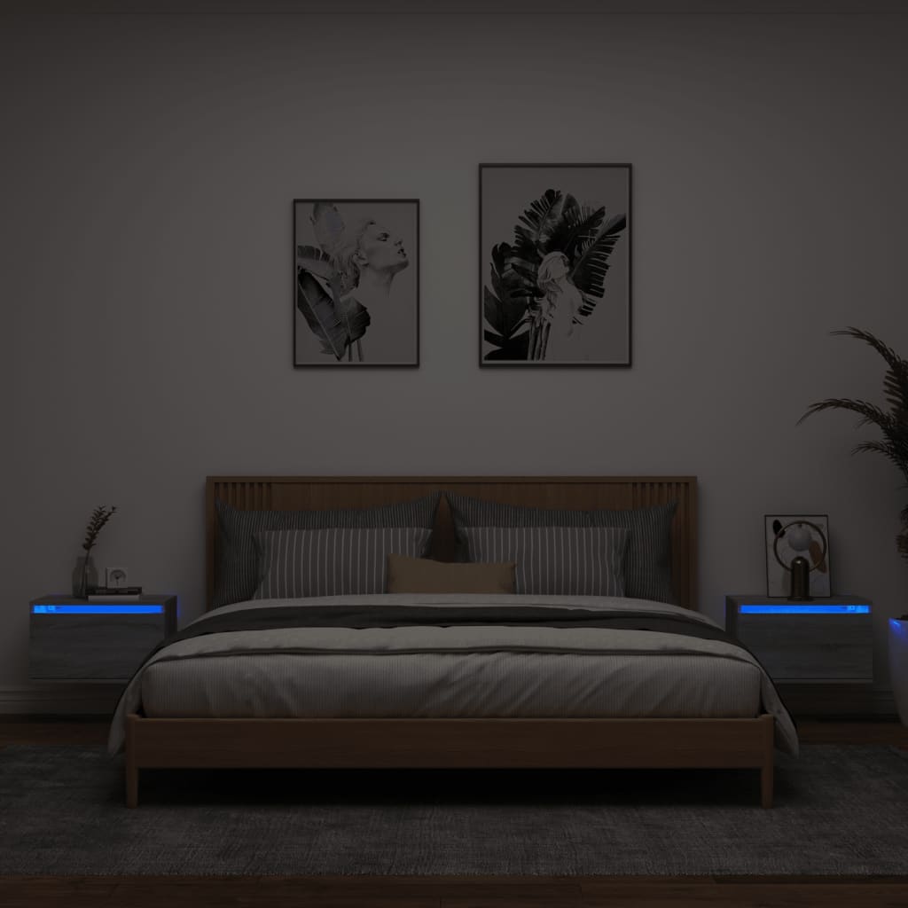 Grey Sonoma Wall-mounted Bedside Cabinets, 2 pcs with LED Lights