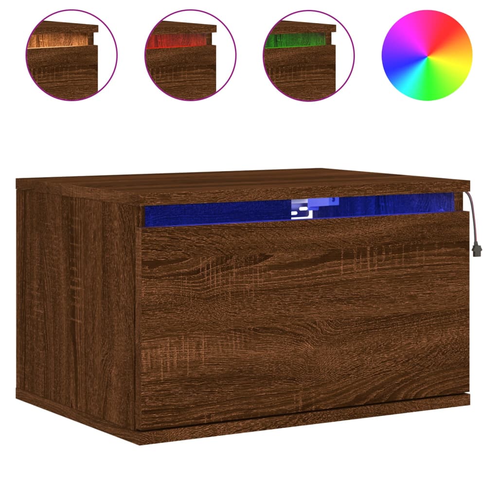 Brown Oak Wall-Mounted Bedside Cabinet with LED Lights
