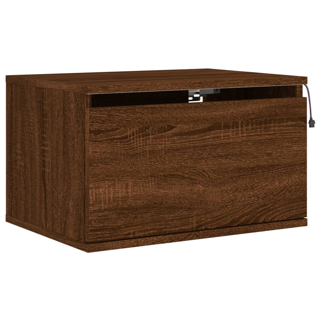 Brown Oak Wall-Mounted Bedside Cabinet with LED Lights