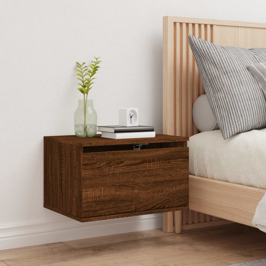 Brown Oak Wall-Mounted Bedside Cabinet with LED Lights
