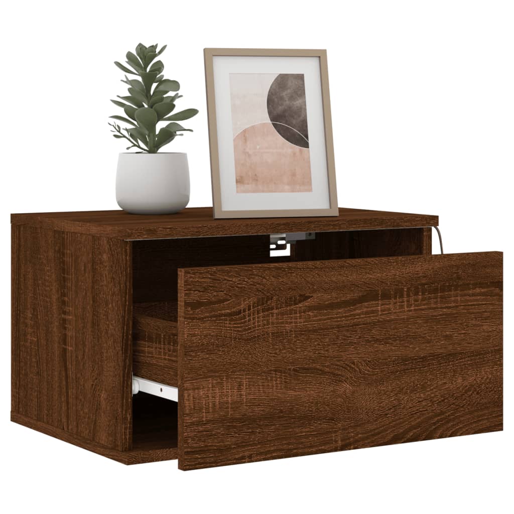 Brown Oak Wall-Mounted Bedside Cabinet with LED Lights