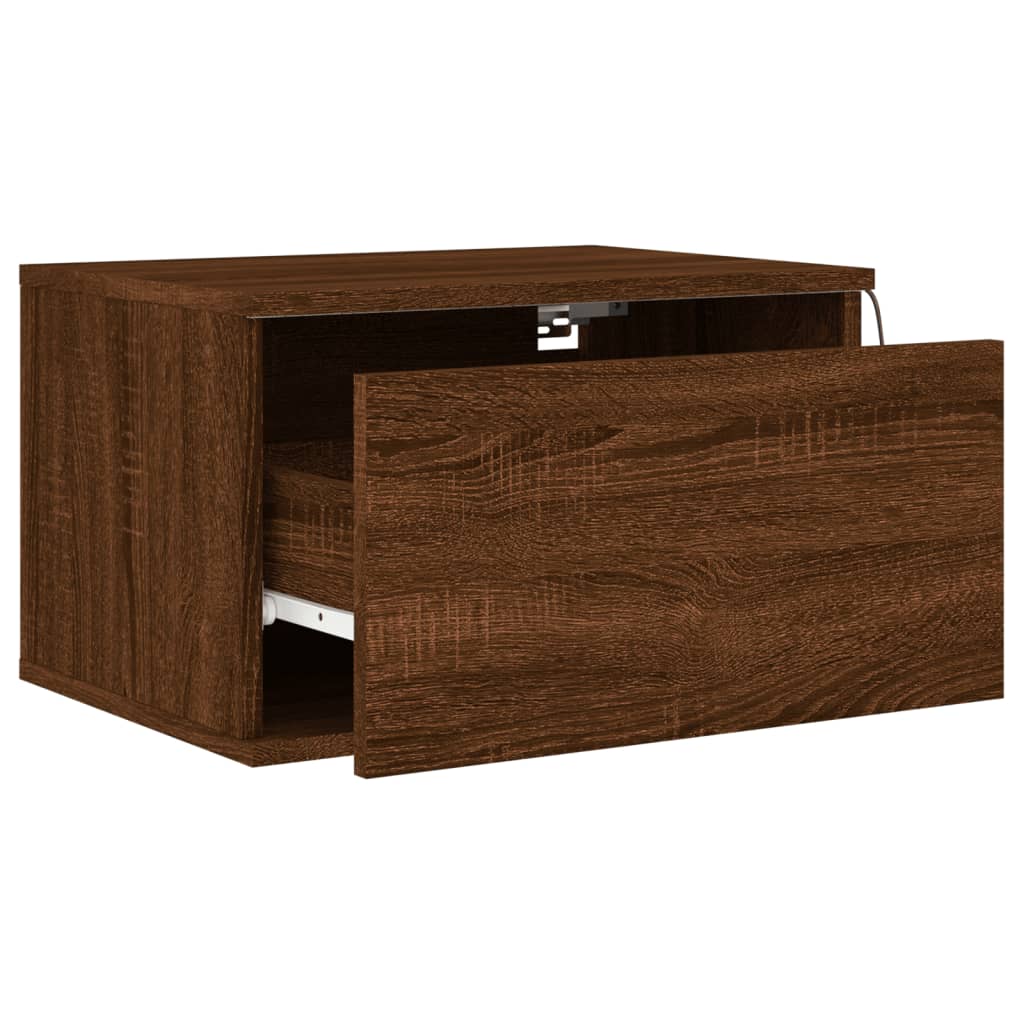 Brown Oak Wall-Mounted Bedside Cabinet with LED Lights