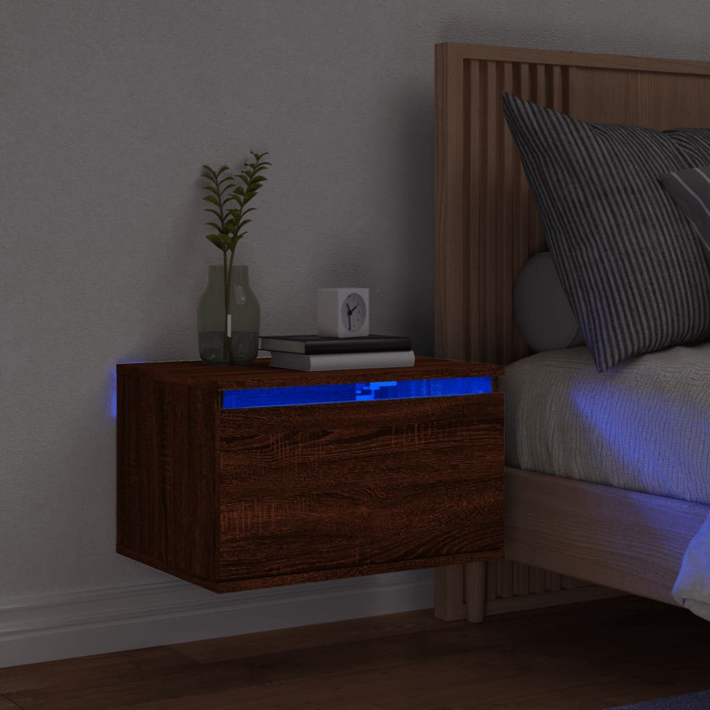 Brown Oak Wall-Mounted Bedside Cabinet with LED Lights