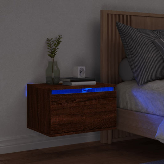 Brown Oak Wall-Mounted Bedside Cabinet with LED Lights