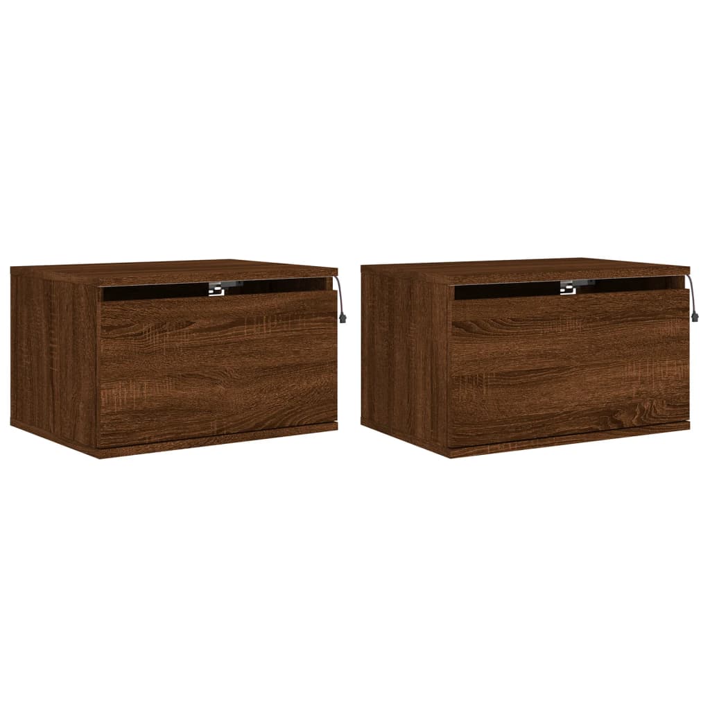 Brown Oak Wall-Mounted LED Bedside Cabinets - Set of 2