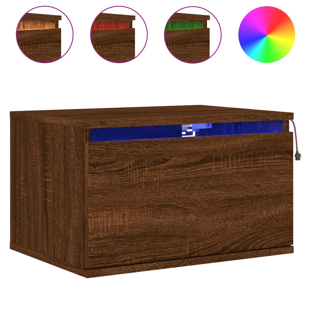 Brown Oak Wall-Mounted LED Bedside Cabinets - Set of 2