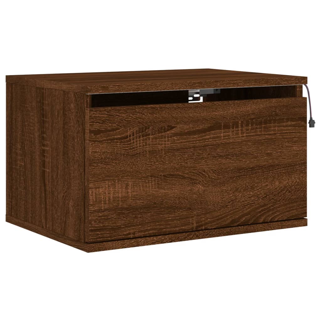 Brown Oak Wall-Mounted LED Bedside Cabinets - Set of 2
