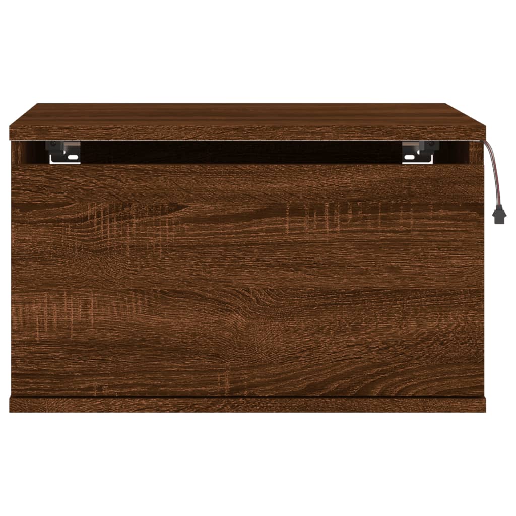Brown Oak Wall-Mounted LED Bedside Cabinets - Set of 2
