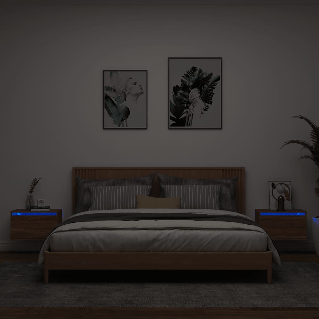 Brown Oak Wall-Mounted LED Bedside Cabinets - Set of 2