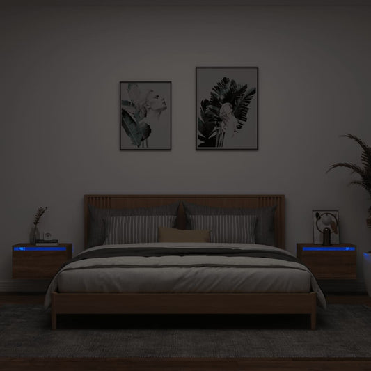 Brown Oak Wall-Mounted LED Bedside Cabinets - Set of 2