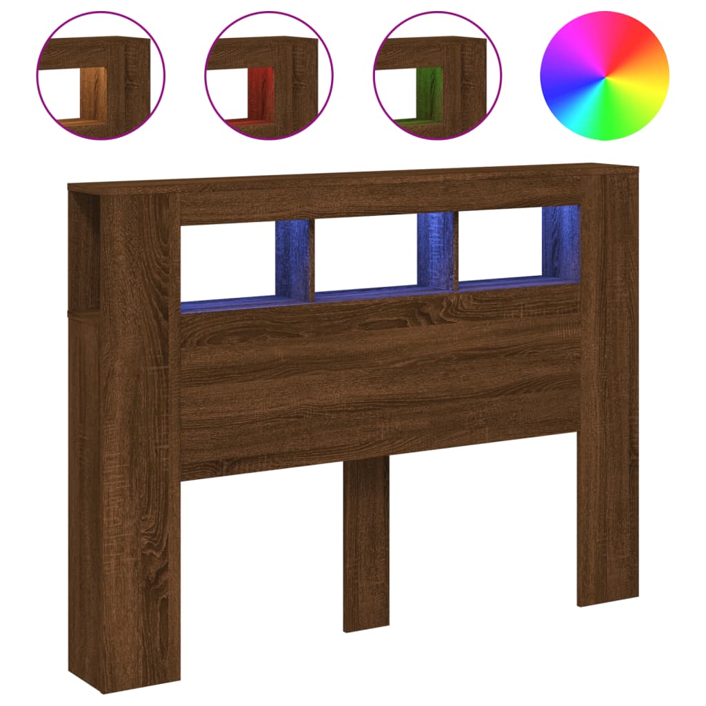 Brown Oak LED Headboard - Engineered Wood, 140x18.5x103.5 cm