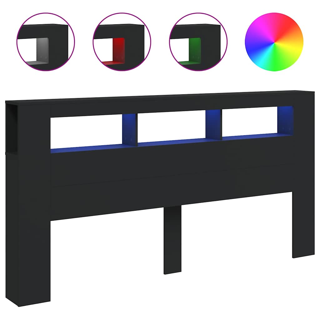Sleek Black LED Headboard, 200cm, Engineered Wood