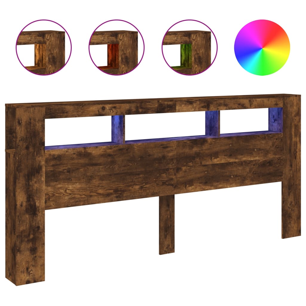 Smoked Oak LED Headboard - 220x18.5x103.5 cm, Engineered Wood