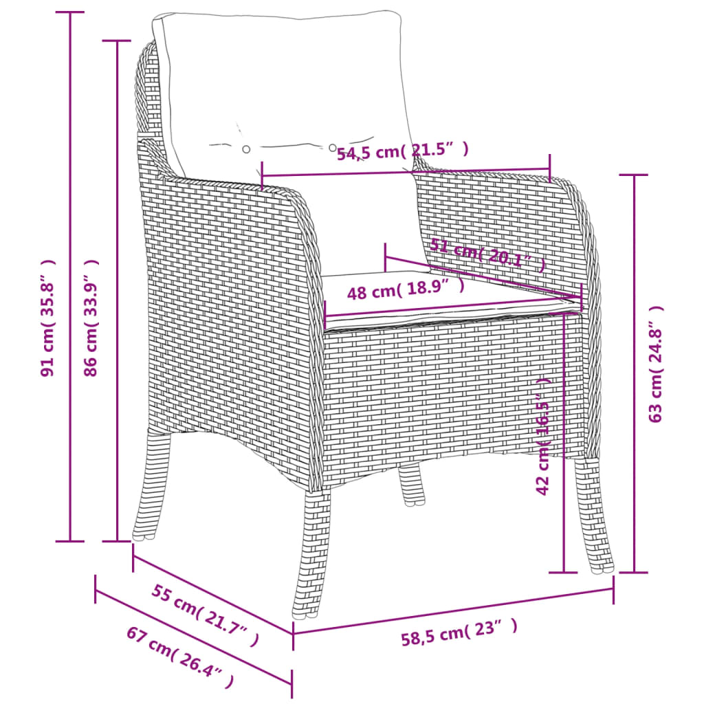 Brown Poly Rattan Garden Chairs with Cushions, 2-Piece Set