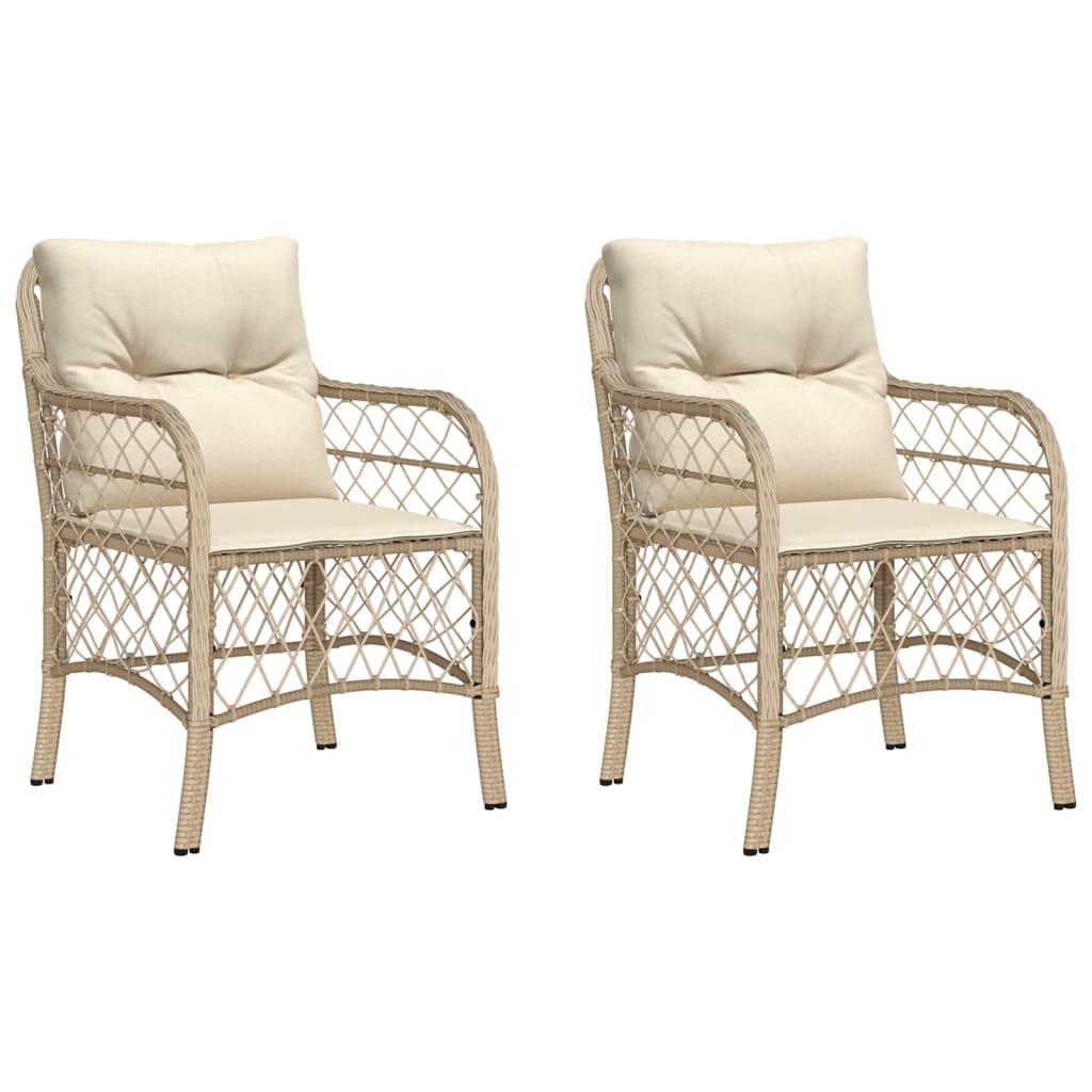 Beige Poly Rattan Garden Chairs with Cushions - Set of 2