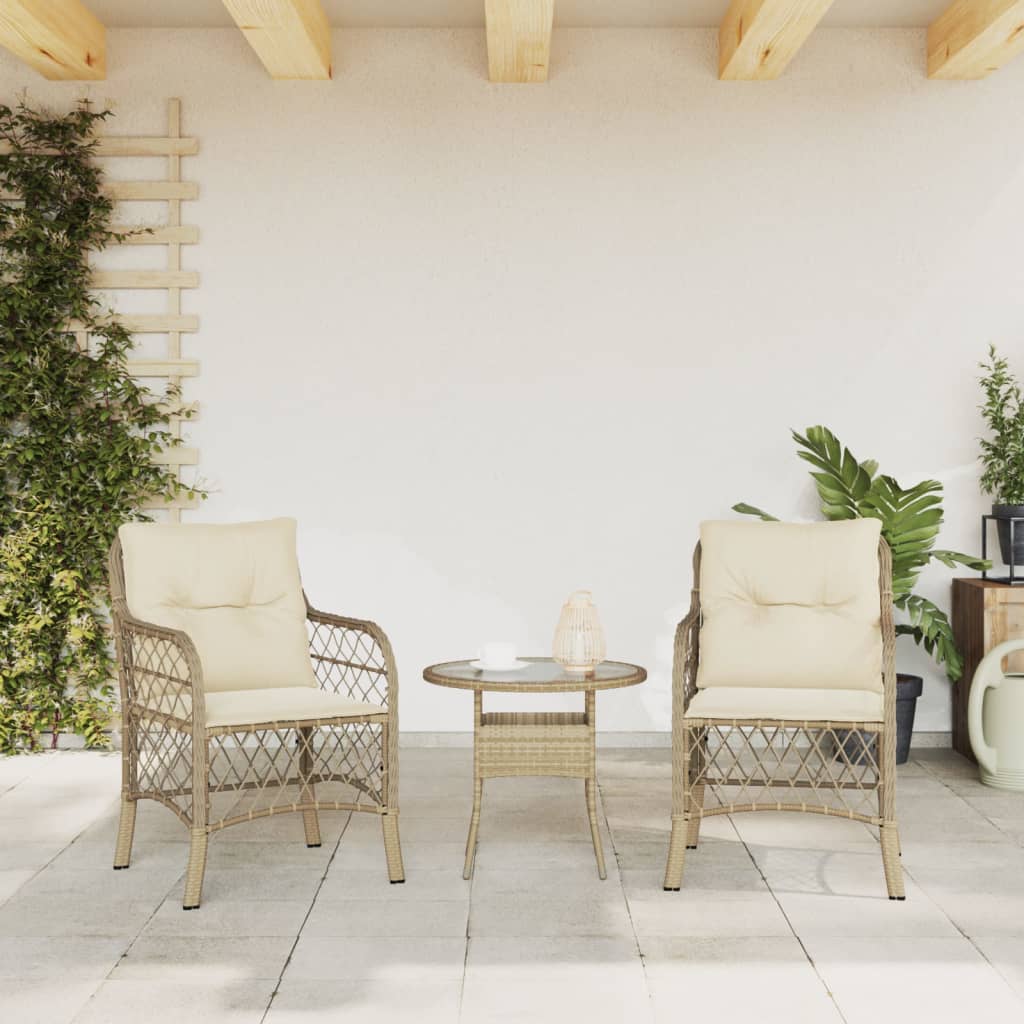 Beige Poly Rattan Garden Chairs with Cushions - Set of 2